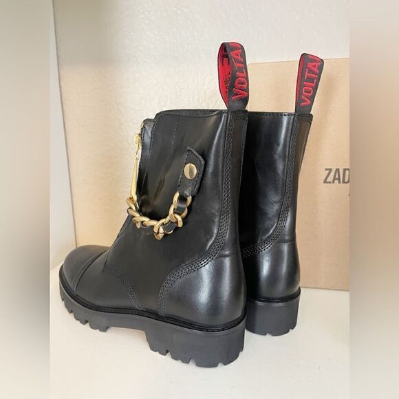 Zadig & Voltaire Joe Cecilia leather combat moto boots with gold chain New - Picture 10 of 16